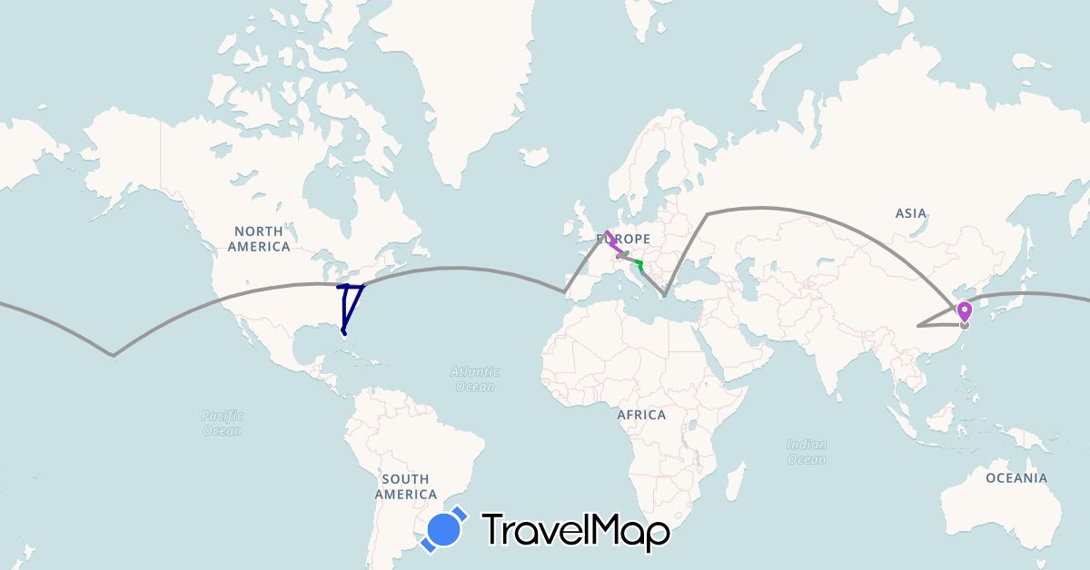TravelMap itinerary: driving, bus, plane, train, boat in Switzerland, China, Germany, Greece, Croatia, South Korea, Luxembourg, Netherlands, Portugal, Russia, Slovenia, United States (Asia, Europe, North America)
